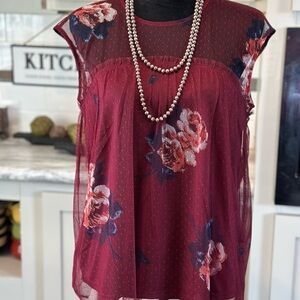 Chic Burgundy Floral Sheer Blouse